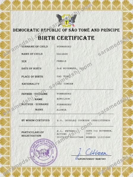 Sao Tome and Principe vital record birth certificate PSD template